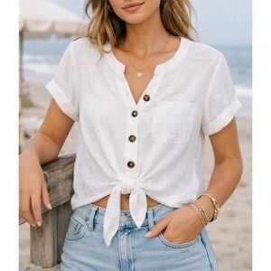 Cable & Gauge White‎ Cotton Blouse | Short Sleeve Button Tie Front | M